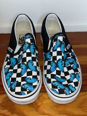 Vans Slip-On Sneakers with Blue Butterfly Checkerboard